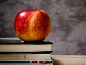 An apple on top of books with blackboard in background, indicating school success