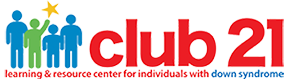 Logo for Club 21 in red with blue and green people illustrations to the left.