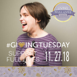 Giving Tuesday image of woman laughing in purple striped shirt