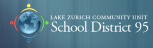 Lake Zurich School District logo with teal background and blue globe surrounded by four differently colored icons of people.