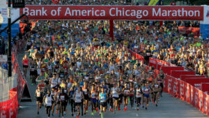 Marathon runners at the start of the Bank of American Chicago Marathon race.