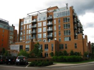 Tall apartment building where several individuals with disabilities live in an integrated setting.