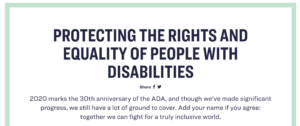 A screenshot from Senator Warren's plan to address the needs of people with disabilities. It reads "Protecting the rights and equality of people with disabilities"