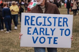 An older man holds a sign that reads "Register to Vote"