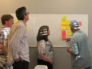 Family members and staff gather around a group of sticky notes from a planning session