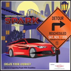 Illustrated graphic that shows a red Alfa Romero car behind an orange construction sign reading "Detour Rescheduled Sat. Nov 7 2020"