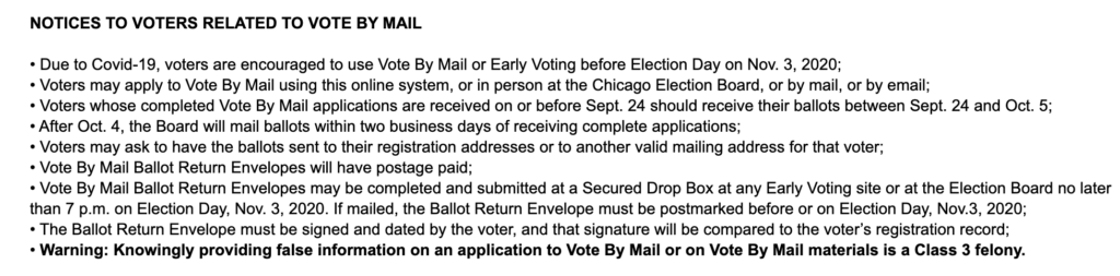 This image contains information about voting by mail for Chicago. To vote in Illinois, visit the Board of Elections website for more information.