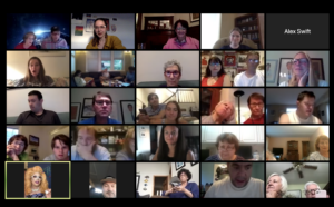 Screenshot of Zoom screen from bingo night with many faces.