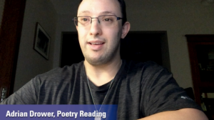 A young man sits with face illuminated as he reads poetry. Purple intro banner reads "Adrian Drower, poetry reading"